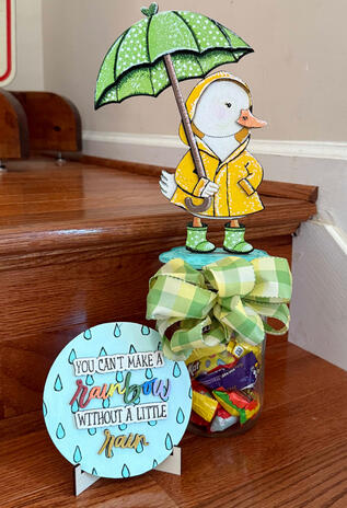 Decorative Jar with a duck jar topper with small custom sign