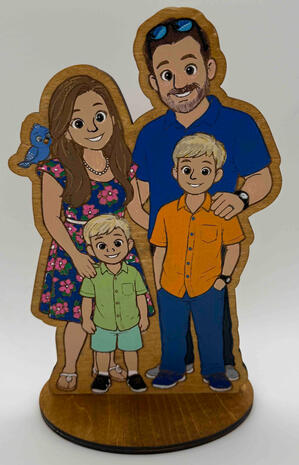 Family photo turned into a wood caricature of the family with stand